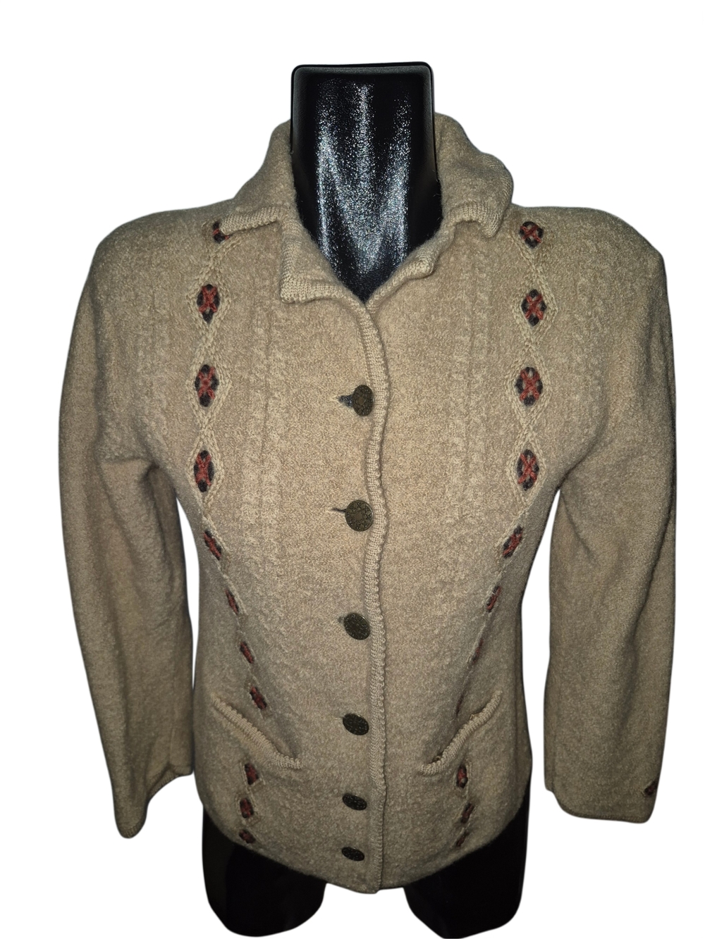 Vintage Women's Beige 100% Wool Knit Button-Front Embroidered Cardigan Sweater